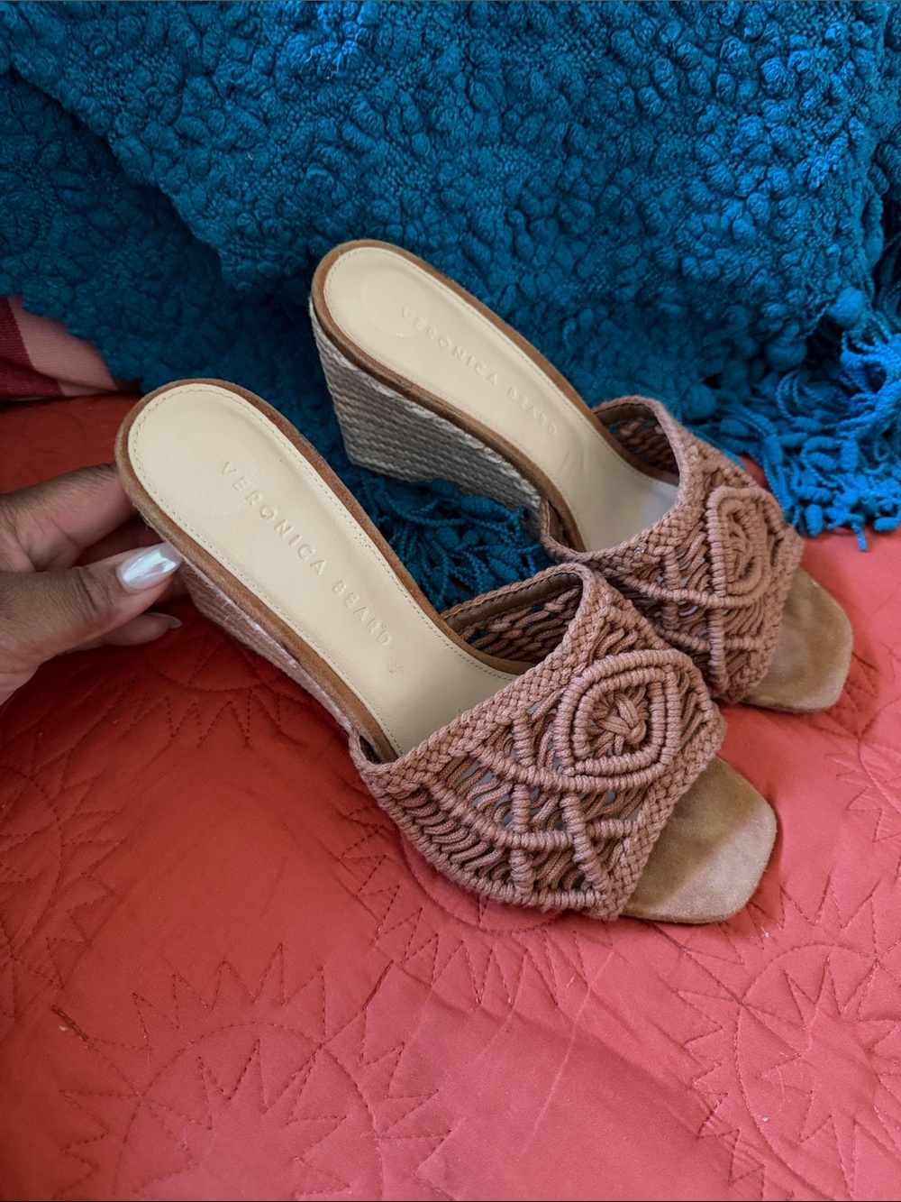 Veronica Beard Rust-Tan Macramé Wedge Sandals